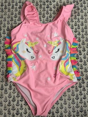 Betsey Johnson Kids One Piece Pink Swimsuit Unicorns Ruffle Sleeves Girls 6x
